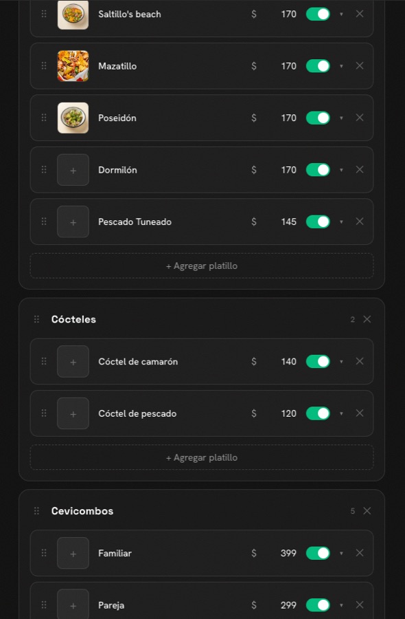 Panel de Antojo: platillos con precio e interruptor de disponibilidad